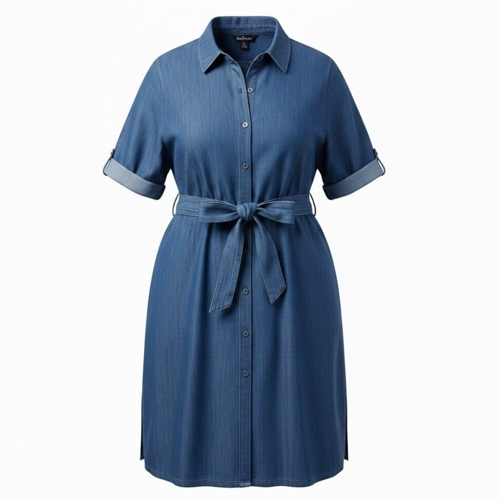 Ulla Popken Blue Denim Shirt Dress Short Sleeve Belted Midi Plus Size 28 30